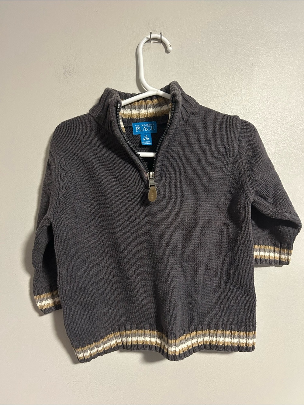 (3/$20) The Children's Place 12m Grey & brown knit Quarter-Zip Sweater